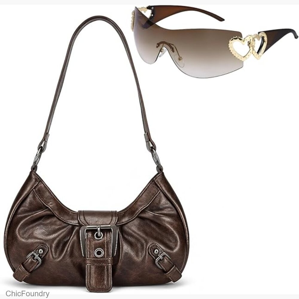 Vintage Y2K Hobo Shoulder Bag PU Leather Handbag with Sunglasses Set
